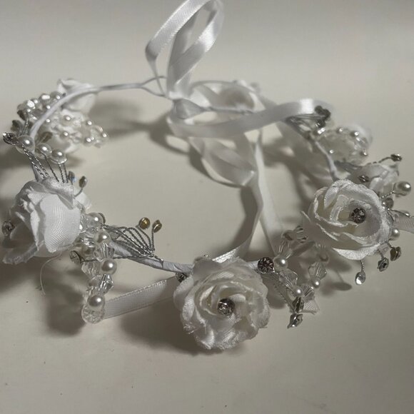 White Floral Pearl & Crystal Headband Crown - Picture 8 of 8